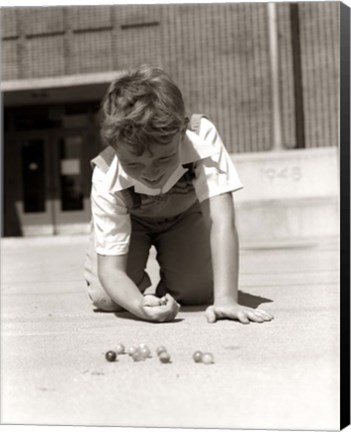 Framed 1950s Smiling Boy On School Yard Ground Playing Print