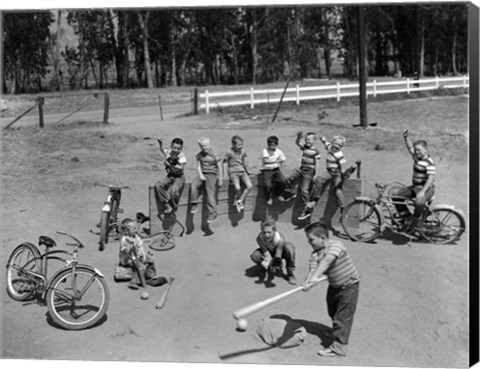 Framed 1950s 10 Neighborhood Boys Playing Sand Lot Baseball Print