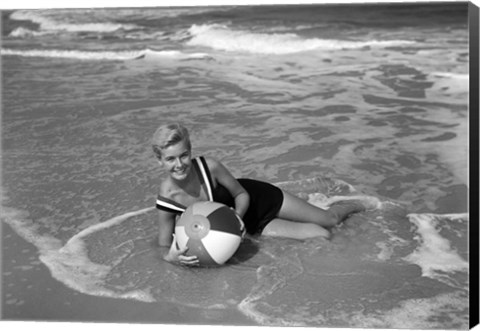 Framed 1960s Woman In Bathing Suit Lying In The Surf Print