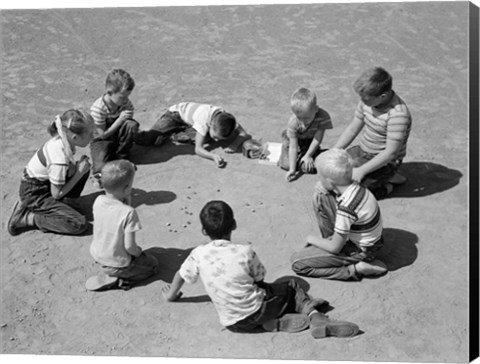 Framed 1950s Boys &amp; Girls Shooting Marbles Print