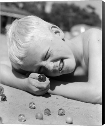 Framed 1950s Boy Crouching Shooting Marbles Print