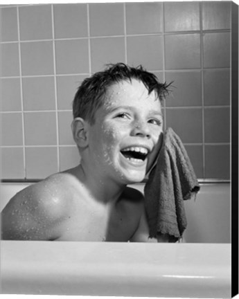 Framed 1950s 1960s Boy Washing Face Sitting In Bathtub Print