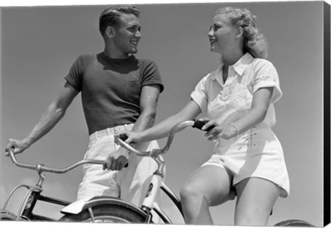 Framed 1930s 1940s Smiling Couple On Bikes Looking At One Another Print