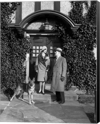 Framed 1920s Couple Wearing Coat Hat Gloves With German Shepherd Dog Print