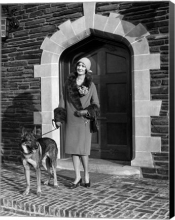 Framed 1920s Woman Wearing Fur Coat With German Shepherd Dog Print