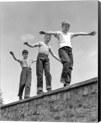 Framed 1950s Three Laughing Boys Walking On Top Of Stone Wall Print
