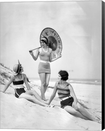 Framed 1920s Three Smiling Women In Swimsuits At The Beach Print