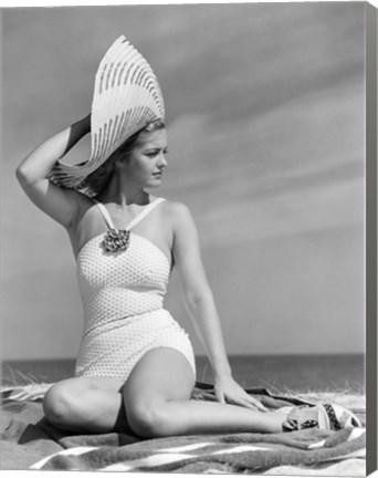 Framed 1930s 1940s Woman In Bathing Suit On Beach Wearing Big Hat Print