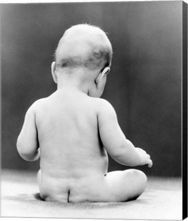 Framed 1930s Naked Baby Sitting On Bare Bottom Behind Print