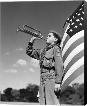 Framed 1950s Boy Scout In Uniform Standing In Front American Flag Print