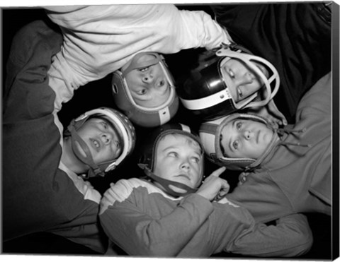 Framed 1960s Five Boys In Huddle Wearing Helmets &amp; Football Jerseys Print