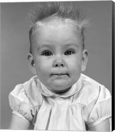 Framed 1960s Head On Portrait Of Baby Girl In Ruffled Dress Print