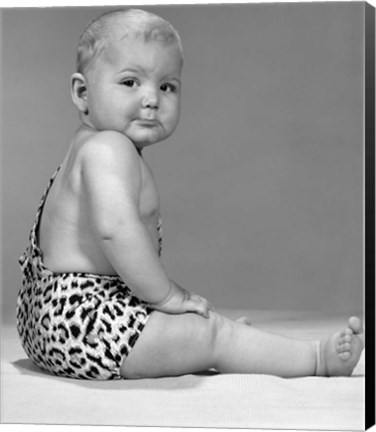 Framed 1960s Grumpy Expression Baby In Leopard Costume Print