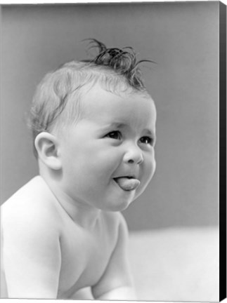 Framed 1940s Cute Baby Sticking Out Tongue Print