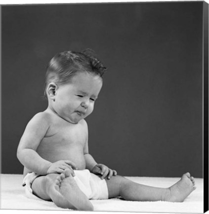 Framed 1950s Baby Sitting Up Wearing Diaper Making Face Print