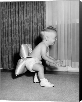 Framed 1950sBaby In Diaper And Shoes Learning To Walk Print