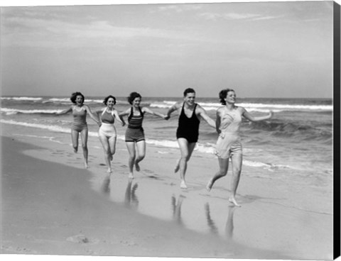 Framed 1930s Four Women And One Man Running On Beach Print