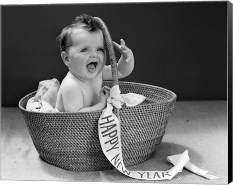 Framed 1940s Baby In Wicker Basket With Happy New Year Banner Print