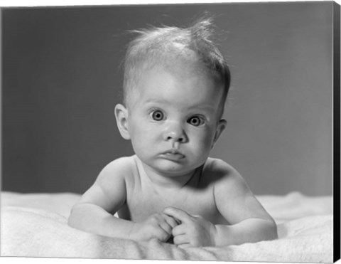 Framed 1960s Baby Lying On Stomach With Messy Hair Print