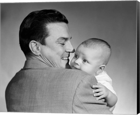 Framed 1950s Proud Smiling Father Holding Baby Face To Camera Print