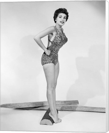 Framed 1950s Pin-Up  Of Woman Wearing Leopard Skin Bathing Suit Print