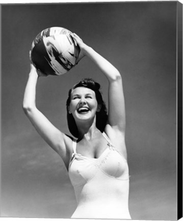 Framed 1940s Woman In White Bathing Suit Holding A Beach Ball Print