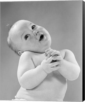 Framed 1950s Baby In Diaper Head To One Side Arms Hands Clasped In Front Print