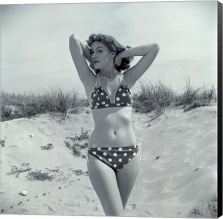 Framed 1950s Brunette Beauty In Polka Dot Bikini Standing In Sand Print