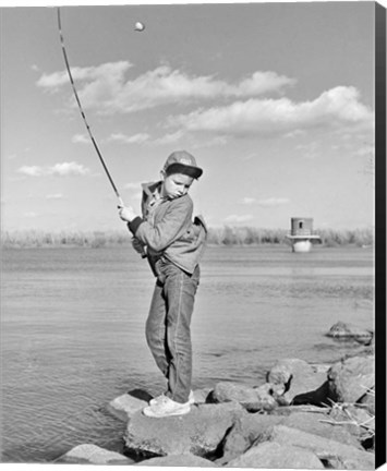 Framed 1980s Boy Fishing On Riverbank Print