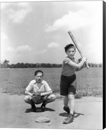 Framed 1930s Two Boys Batter And Catcher Playing Baseball Print