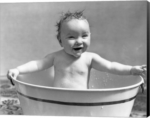 Framed 1920s 1930s Wet Baby Girl Sitting In Metal Wash Tub Print