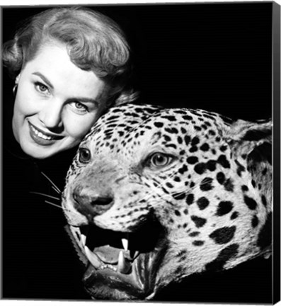 Framed 1950s Woman Face Posed With Growling Stuffed Leopard Head Print