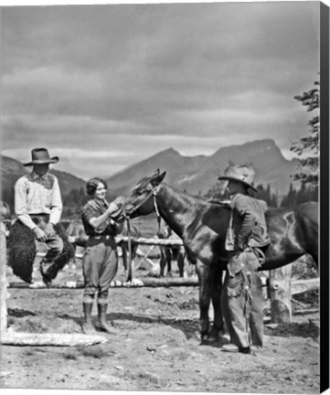 Framed 1930s Cowboys &amp; A Woman Grooming A Horse Print