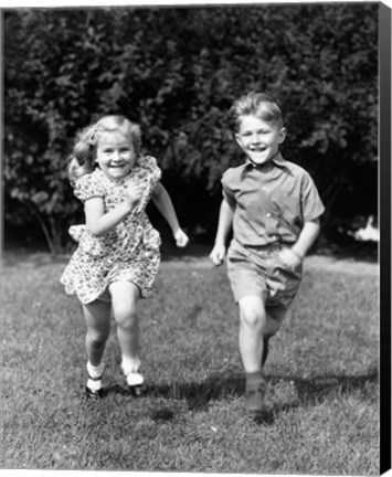 Framed 1930s 1940s Boy And Girl Running In Backyard Print