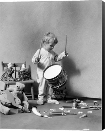 Framed 1930s Boy Beating On Toy Drum Print