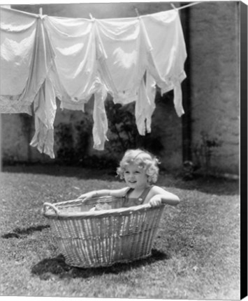 Framed 1930s 1940s Girl Outdoors Sitting In Laundry Basket Print