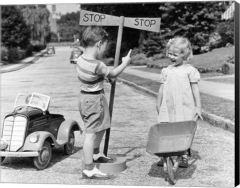 Framed 1930s 1940s Boy Playing Traffic Cop Print