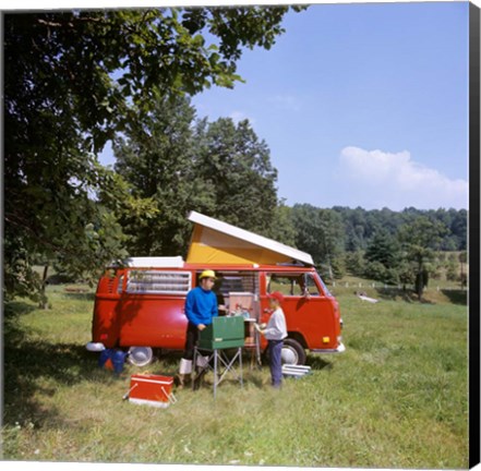 Framed 1970s Father And Son Cooking At Campsite Print