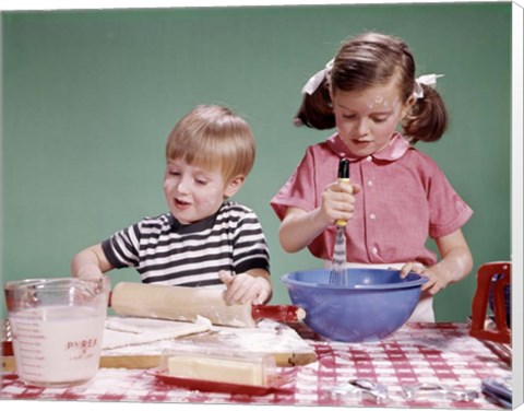 Framed 1960s  Boy And Girl Mixing Ingredients For Cookies Print