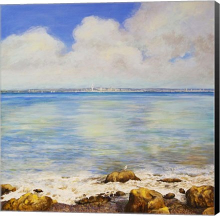 Framed Across the Water with Rocks and Seagulls Print