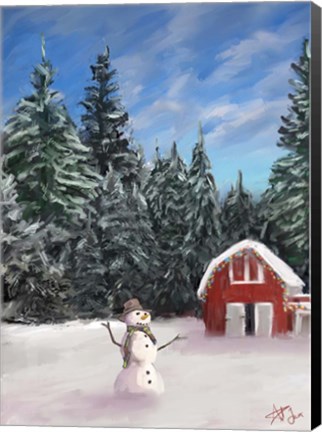 Framed Snowman and Red Barn Print