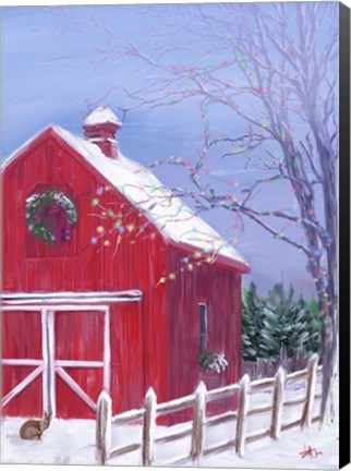 Framed Red Barn in Snow Print