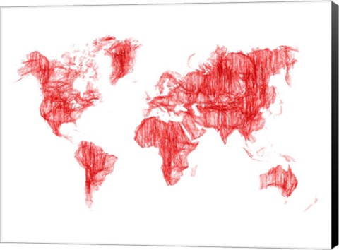 Framed World Map Red Drawing Print