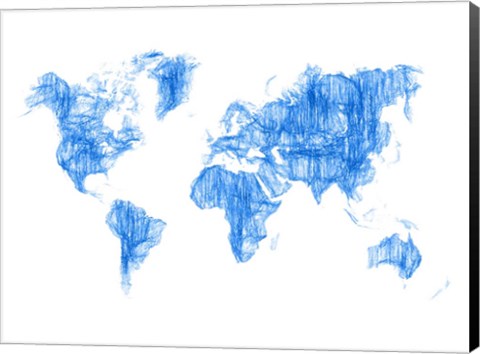 Framed World Map Blue Drawing Print