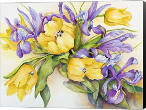Framed Yellow Tulips with Blue Iris Print