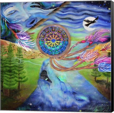 Framed Tribal Dream Catcher Wolf Print