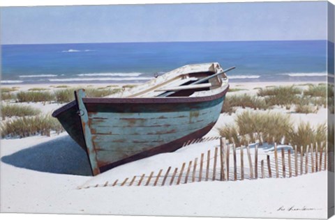 Framed Blue Boat on Beach Print