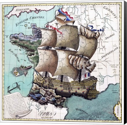Framed Map Of France As A Ship-1796 Print