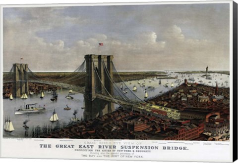 Framed Brooklyn Bridge By Currier and Ives 1885 Print