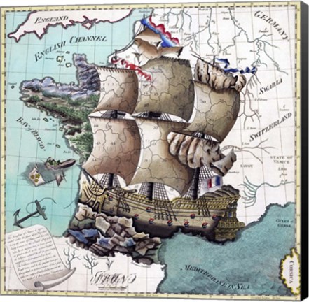 Framed Map Of France As A Ship -1796 Print